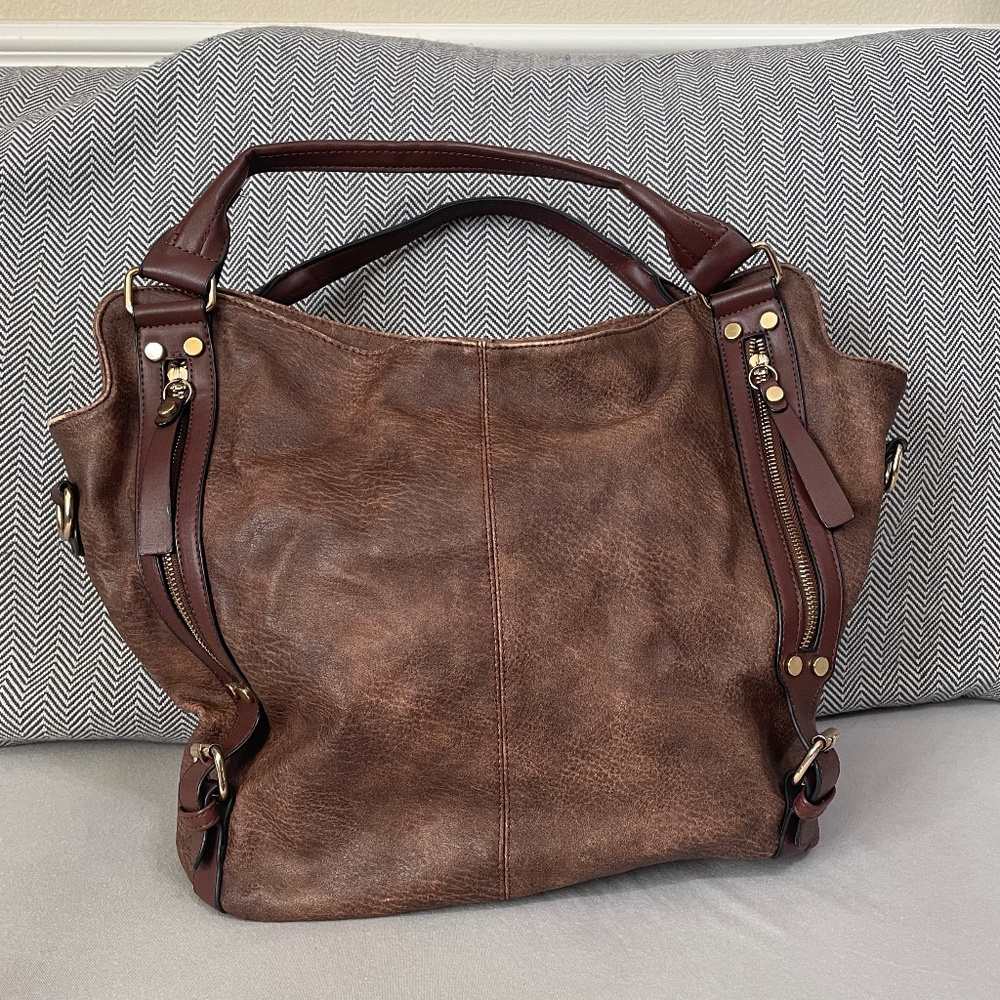 Large Faux Leather Brown Satchel